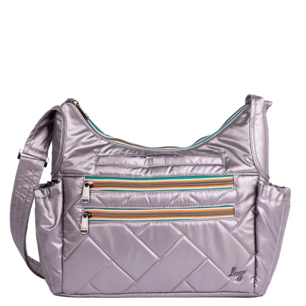 lug Metallic Lavender/Grey Quilted Shoulder Bag with Multicolor Zippers NWOT